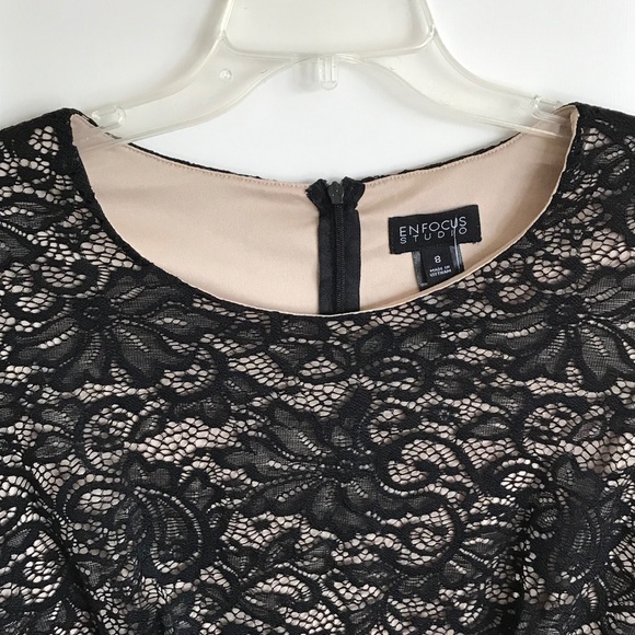 EN FOCUS STUDIO Lace Overlay Midi Dress Black Women’s Size 8 - Picture 2 of 16